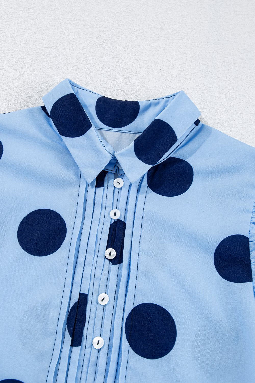Polka Dot Print Ruffled Short Sleeve Buttoned Collared Blouse - felvior
