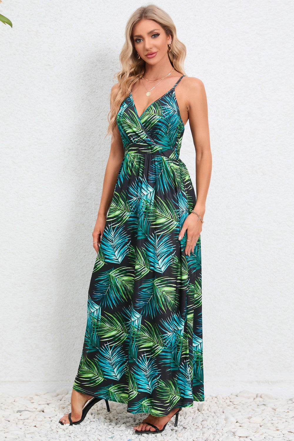 Printed Surplice Maxi Cami Dress - felvior