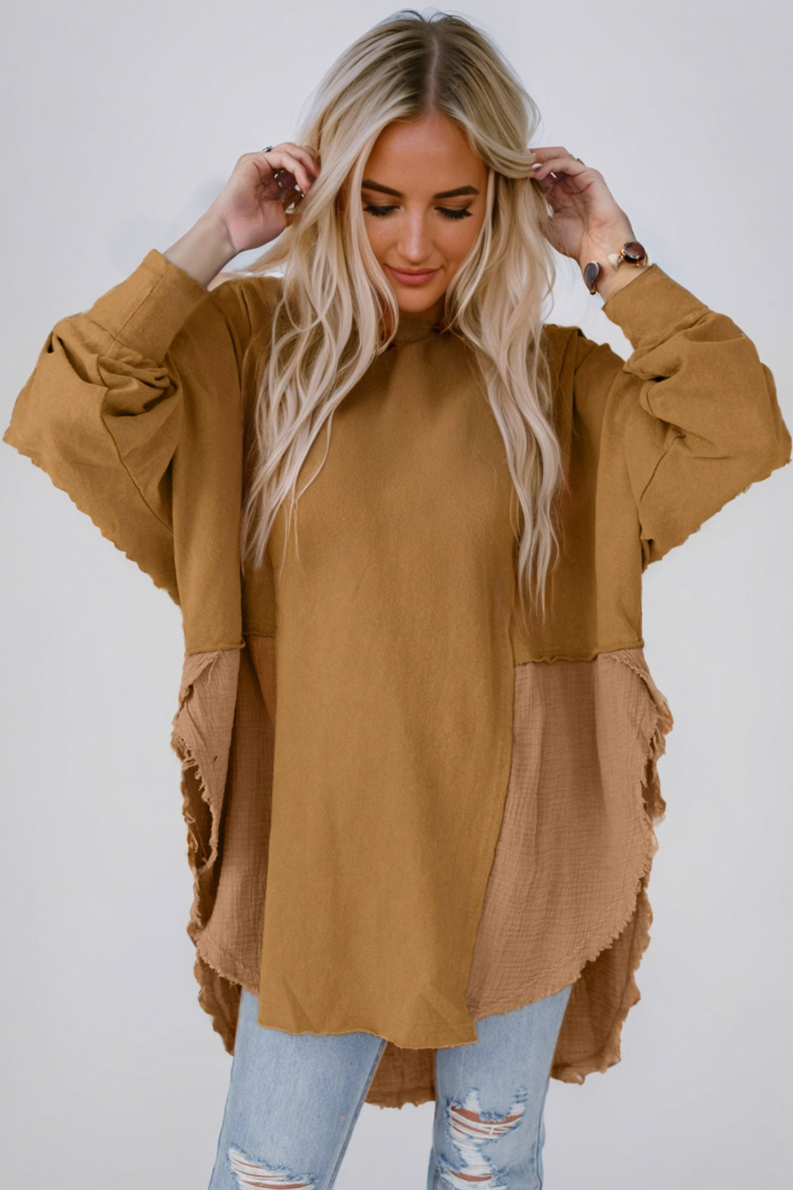 Contrast Texture Round Neck Long Sleeve Blouse - felvior