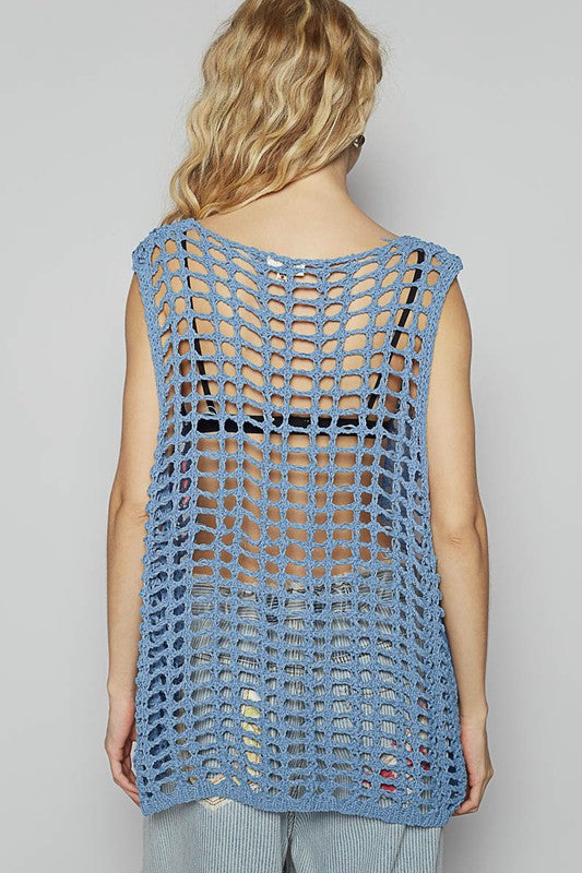 POL Flower Crochet Scoop Neck Sleeveless Knit Cover Up - felvior
