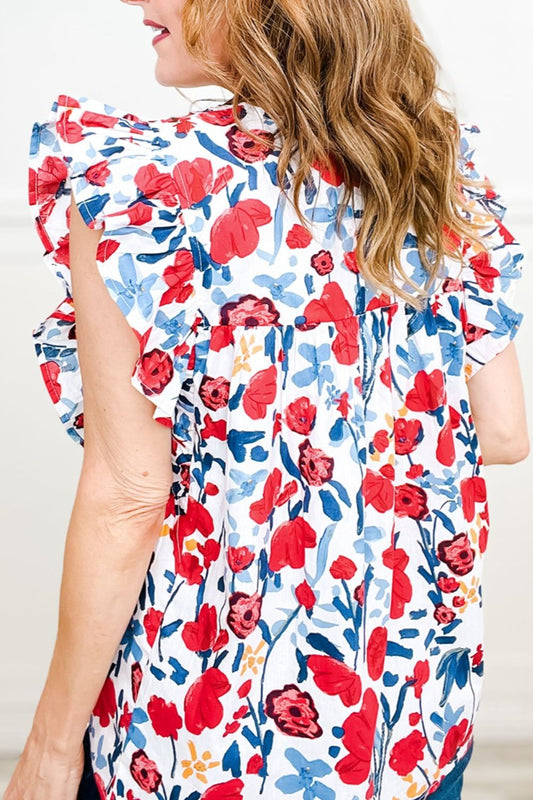 Ruffled Printed V-Neck Cap Sleeve Blouse - felvior