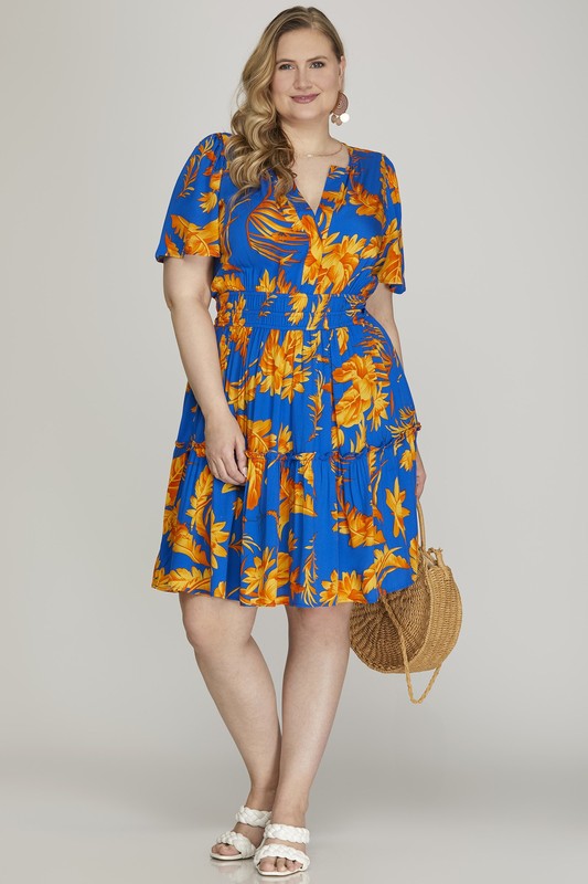 She + Sky Full Size Printed Notched Short Sleeve Frill Tiered Dress Plus Size - felvior