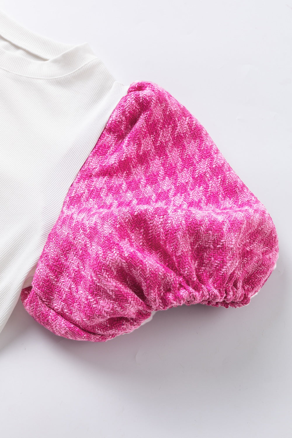 Round Neck Contrast Tweed Puff Sleeve Top