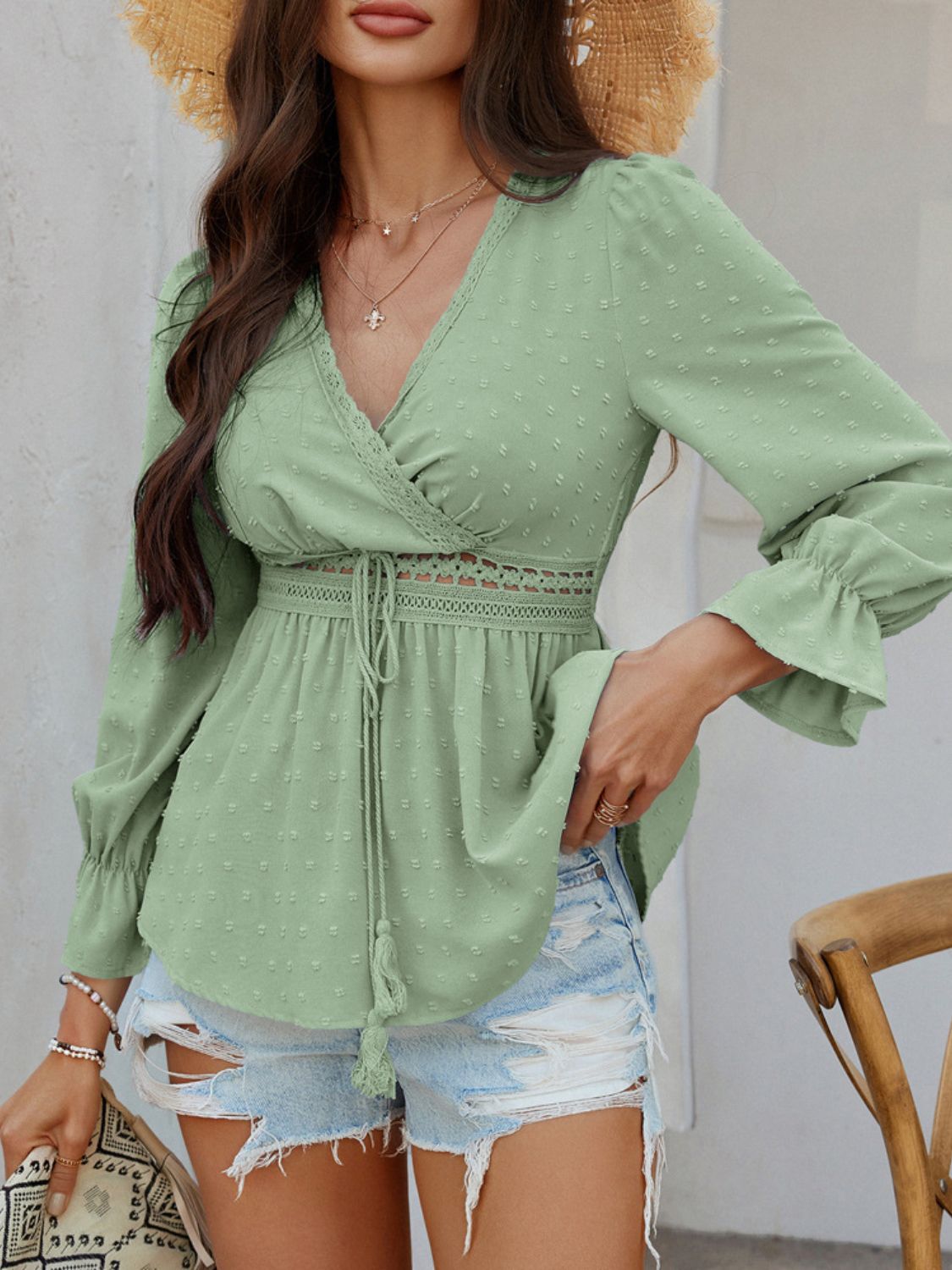 Devine Swiss Dot Lace Detail Surplice Flounce Sleeve Blouse - felvior