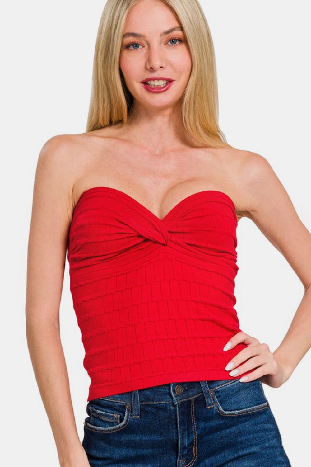 Zenana Ruched Twisted Sweetheart Neck Top Hauptbild