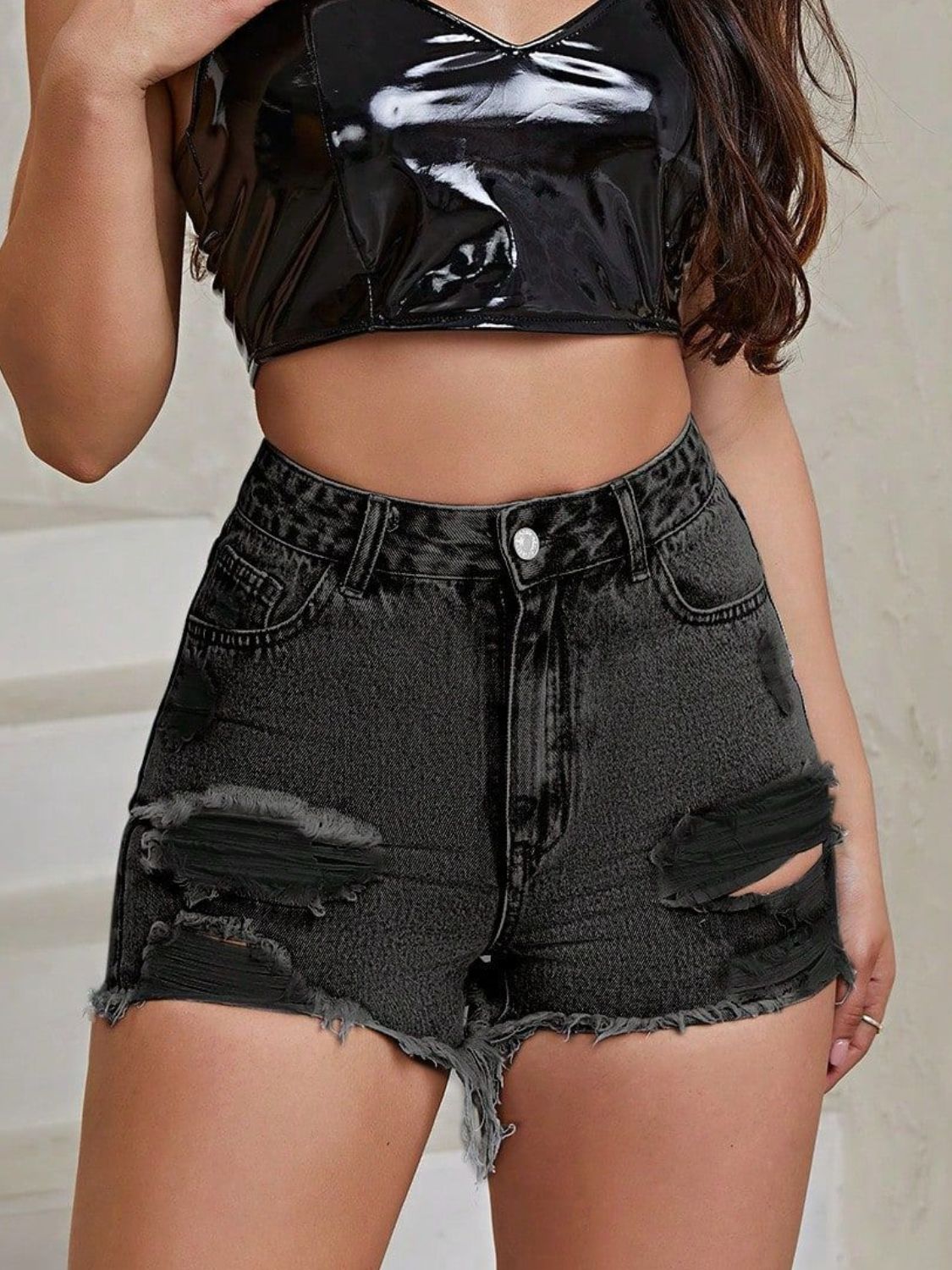 Distressed Raw Hem High Rise Denim Shorts - felvior