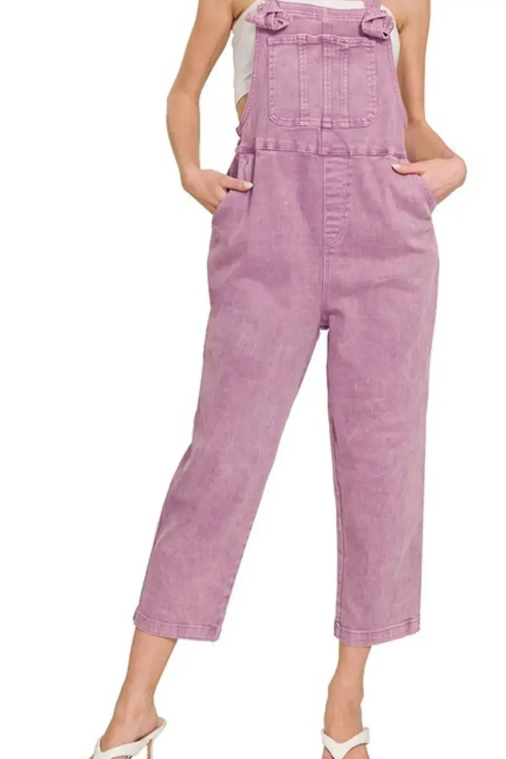Zenana Washed Knot Strap Relaxed Fit Overalls