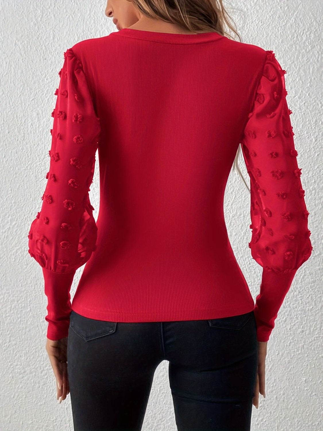 Swiss Dot V-Neck Long Sleeve Top - felvior