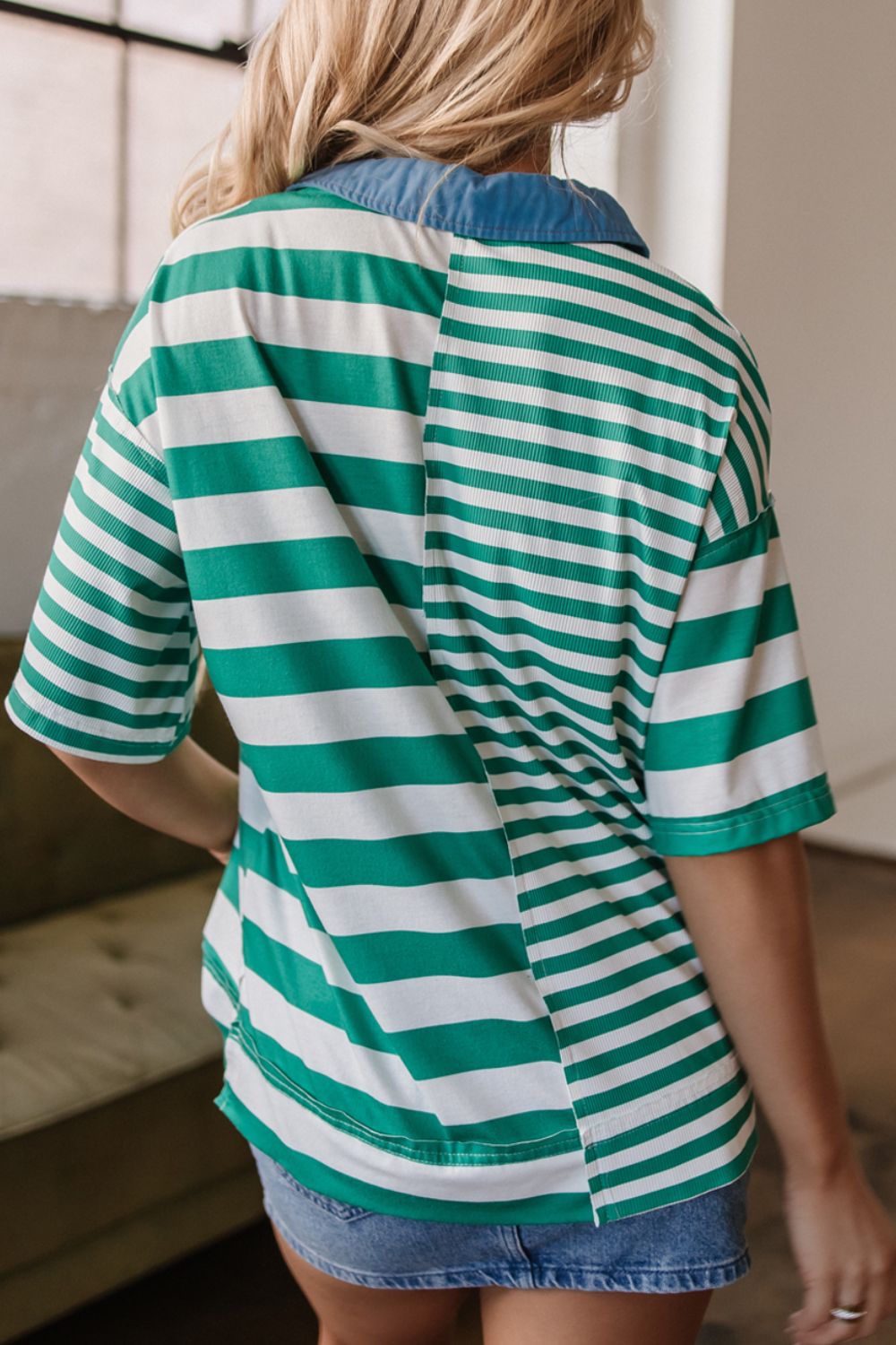 Stripe Colorblock Collar Half Button Shirt - felvior