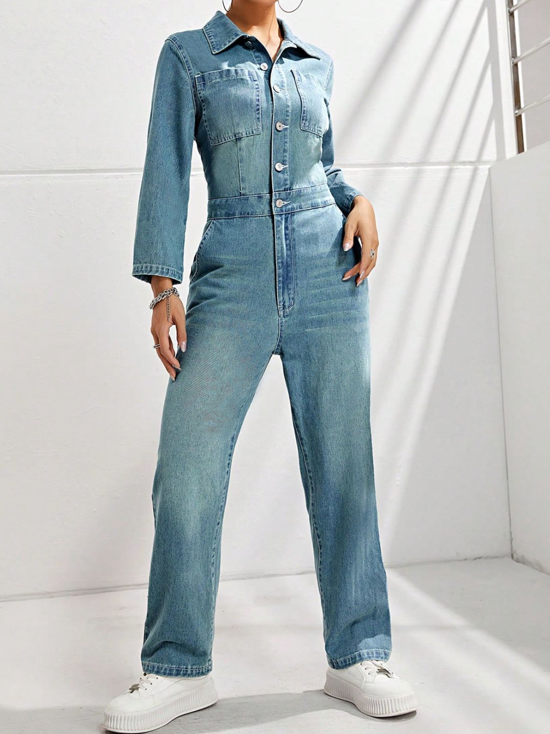 Half Button Long Sleeve Straight Leg Denim Jumpsuit Hauptbild