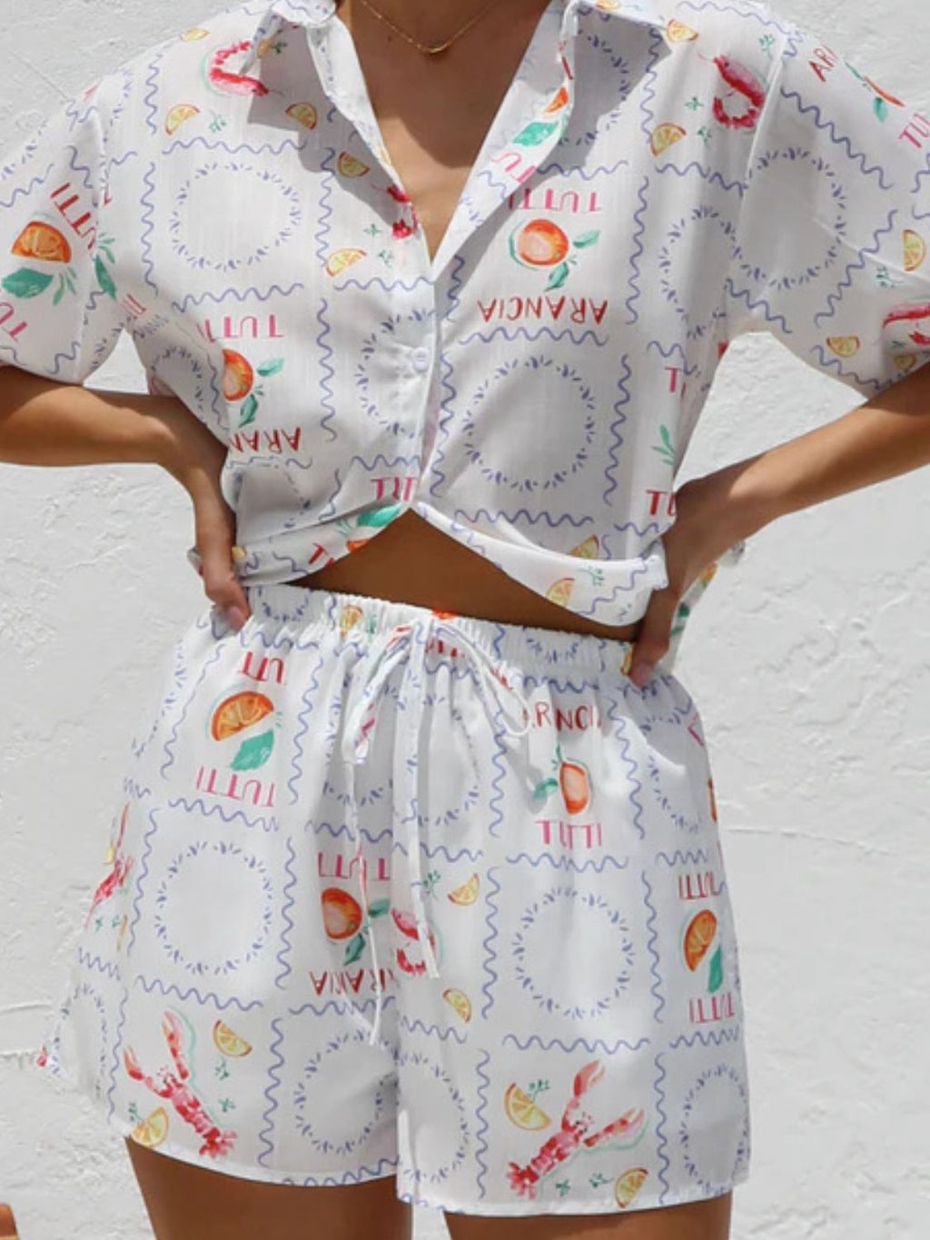 Printed Button Down Short Sleeve Top and Shorts Set