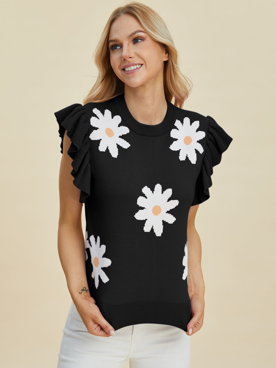 Double Take Full Size Ruffled Flower Round Neck Cap Sleeve Sweater - felvior