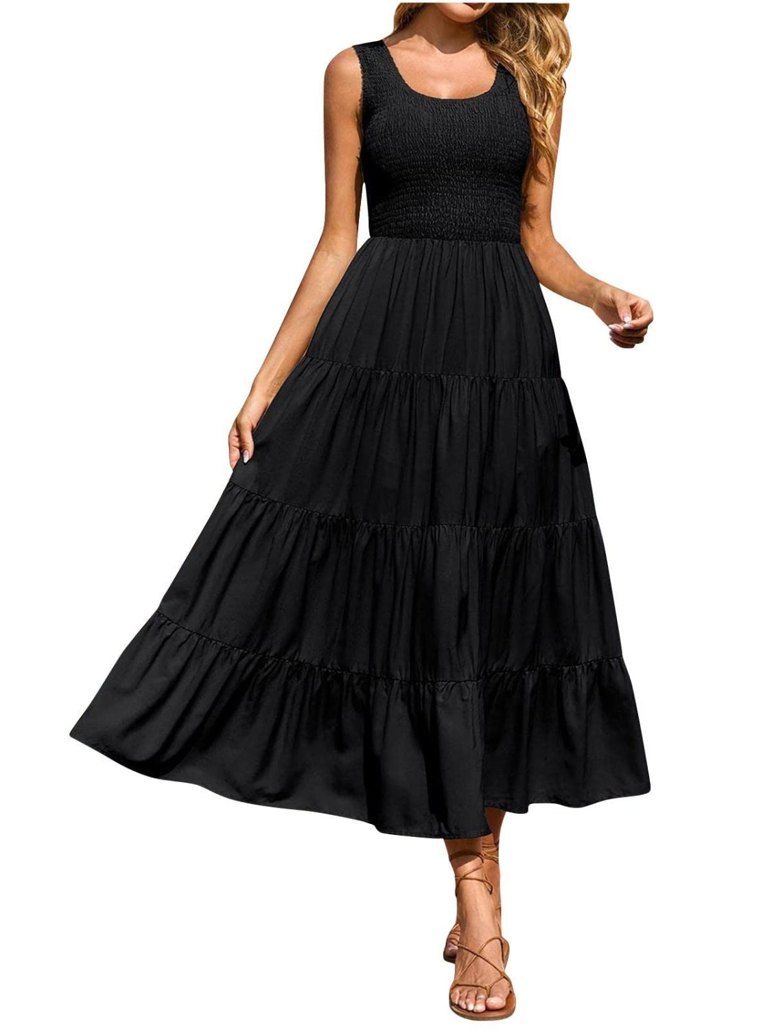 Tiered Smocked Wide Strap Dress - felvior