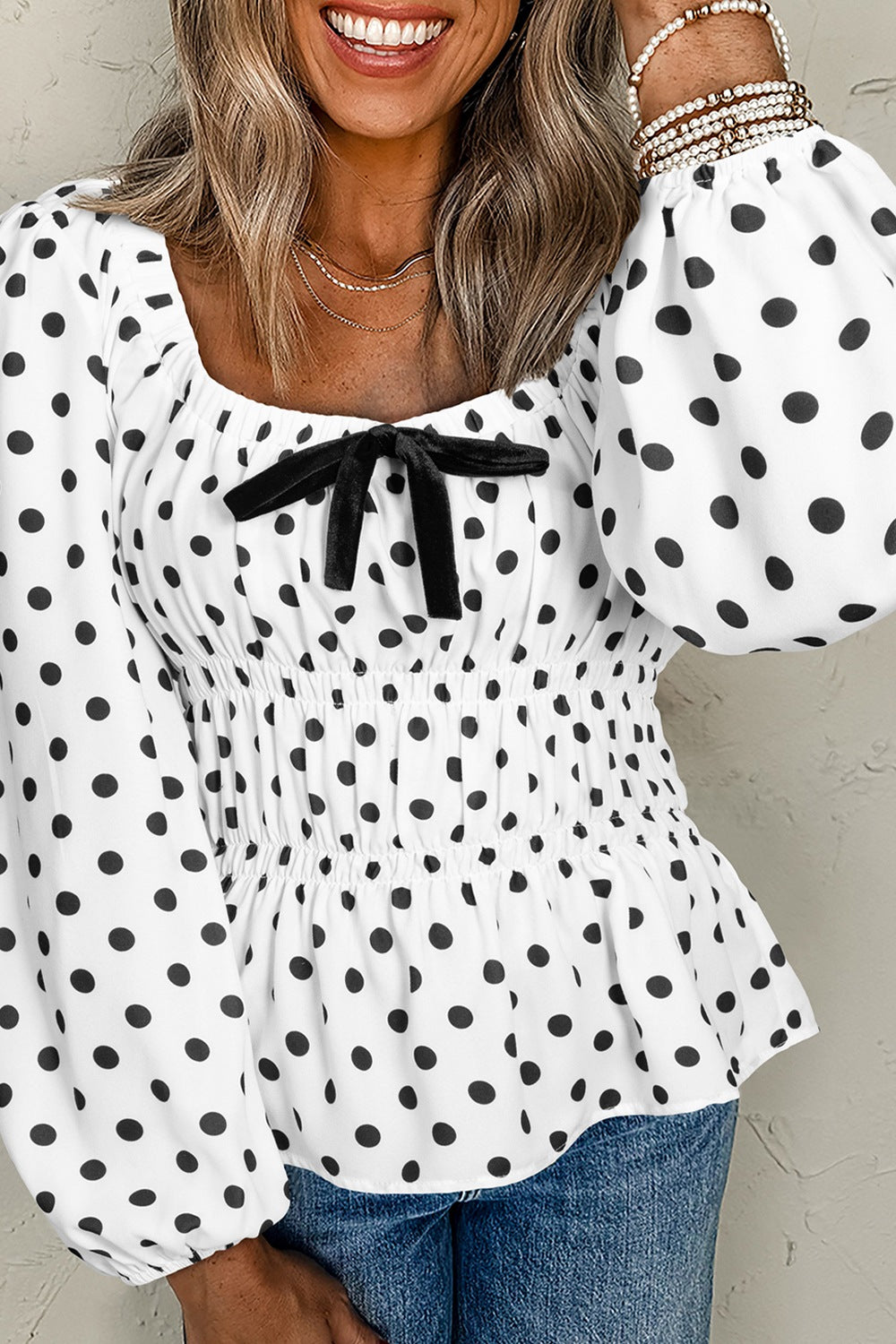 Bow Polka Dot Square Neck Long Sleeve Blouse - felvior