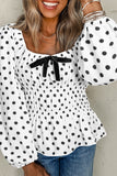 Bow Polka Dot Square Neck Long Sleeve Blouse - felvior