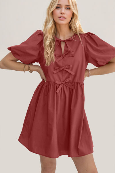 Oh Bow Ruched Puff Sleeve Mini Dress - felvior
