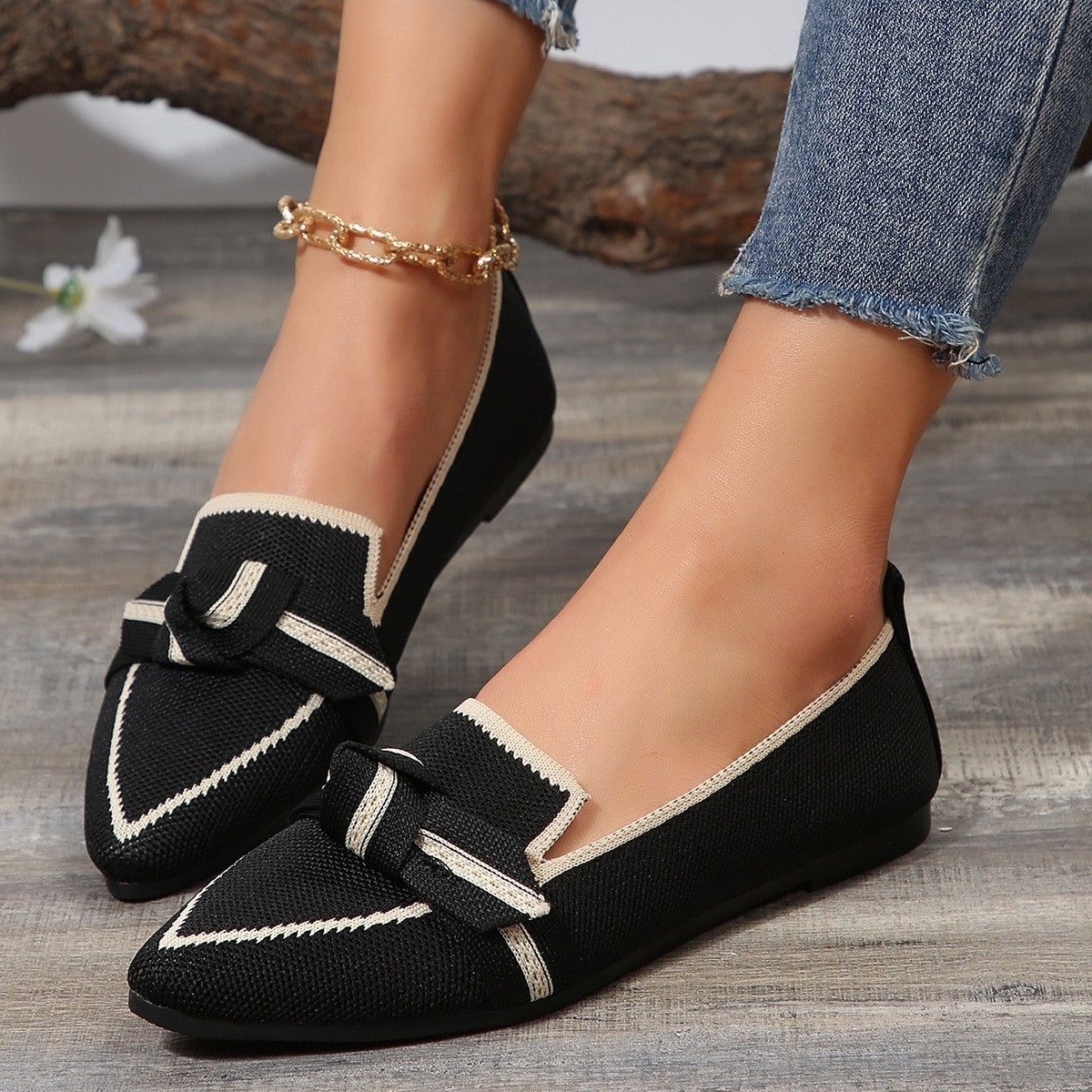 Bow Contrast Trim Point Toe Loafers - felvior