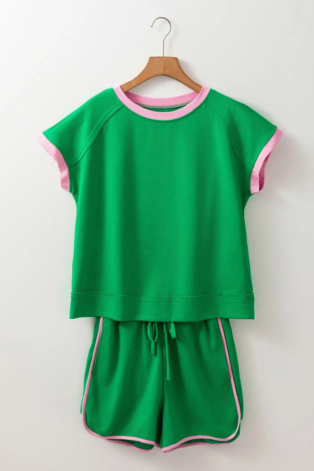 Two Tone Contrast Textured Crewneck Tee and Shorts Set - felvior