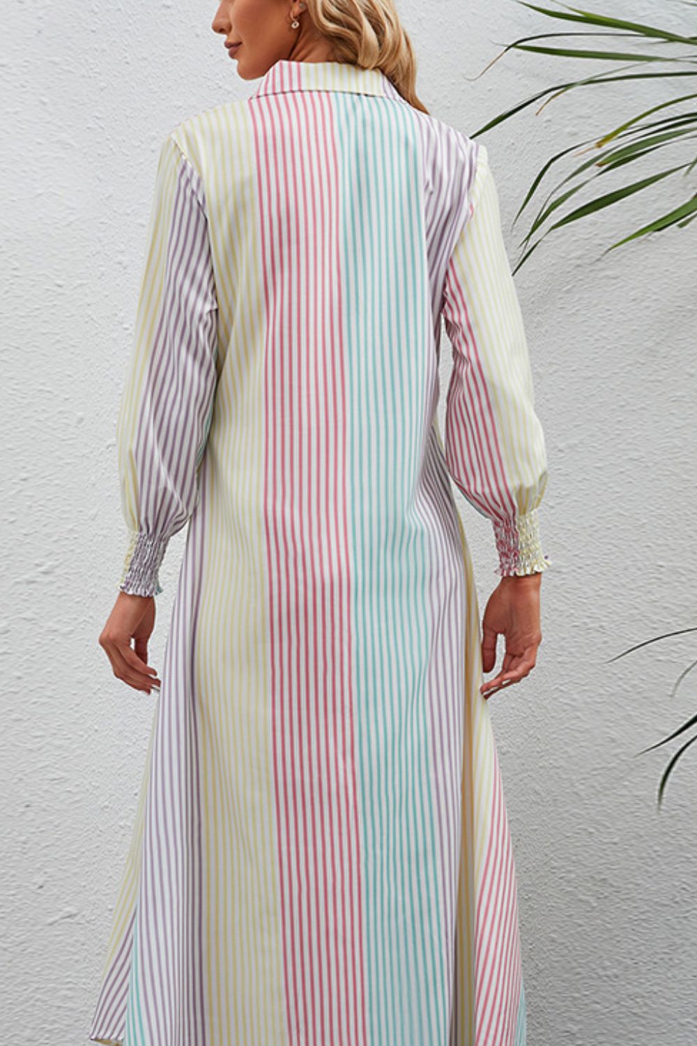 Rainbow Stripe Button-Up Maxi Shirt Dress - felvior