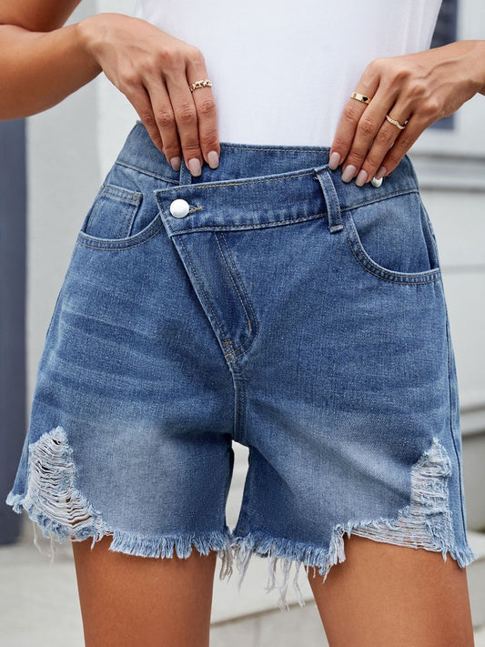 Distressed Raw Hem Asymmetrical Waist Denim Shorts - felvior