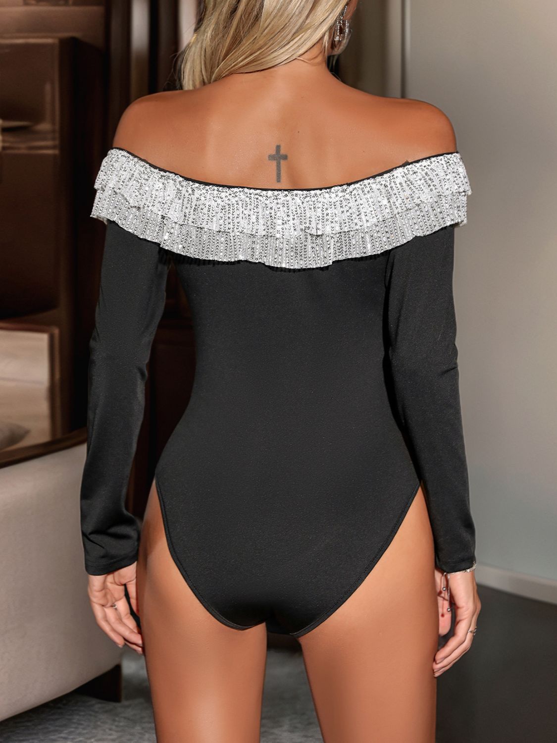 Perfee Sequin Ruffled Off-Shoulder Long Sleeve Bodysuit - felvior