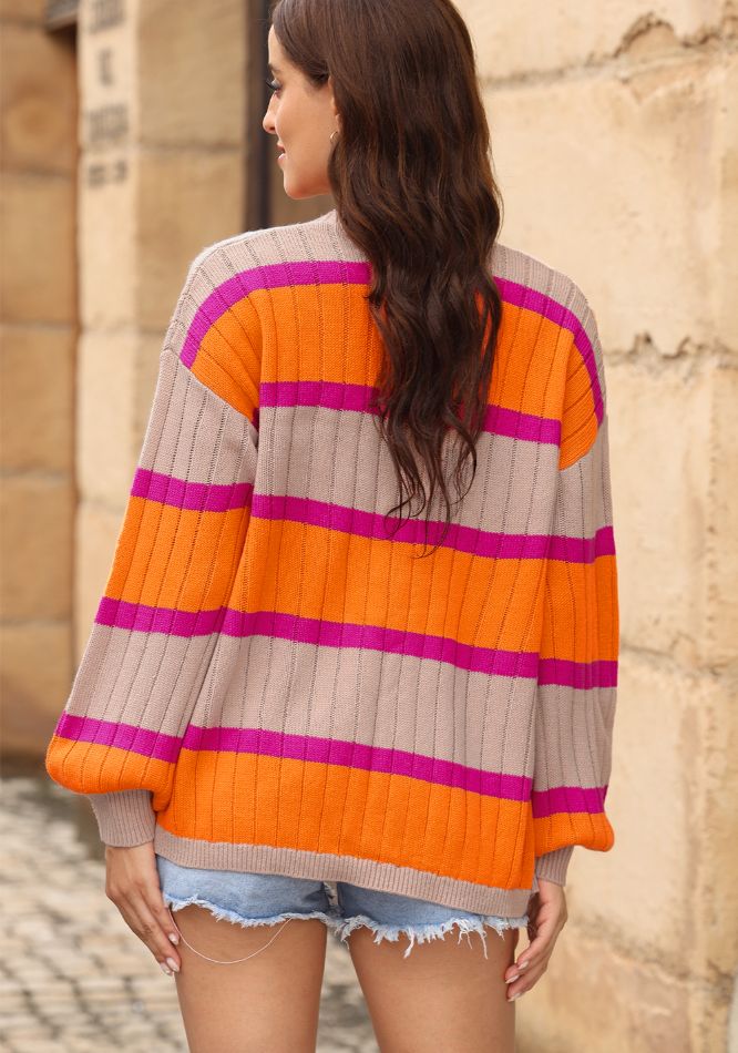 Contrast Striped Drop Shoulder Open Front Cardigan - felvior