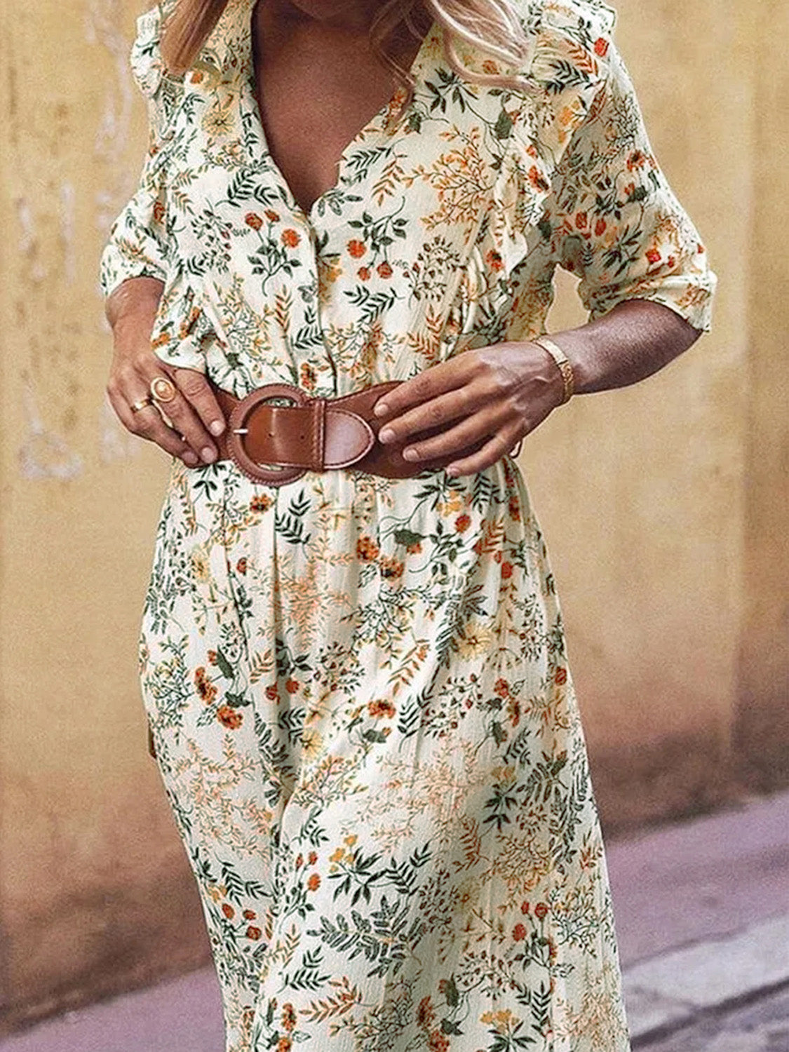 Floral Cutout Flounce Sleeve Dress - felvior