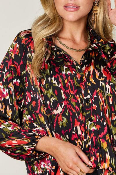 Double Take Full Size Printed Button Up Long Sleeve Shirt - felvior