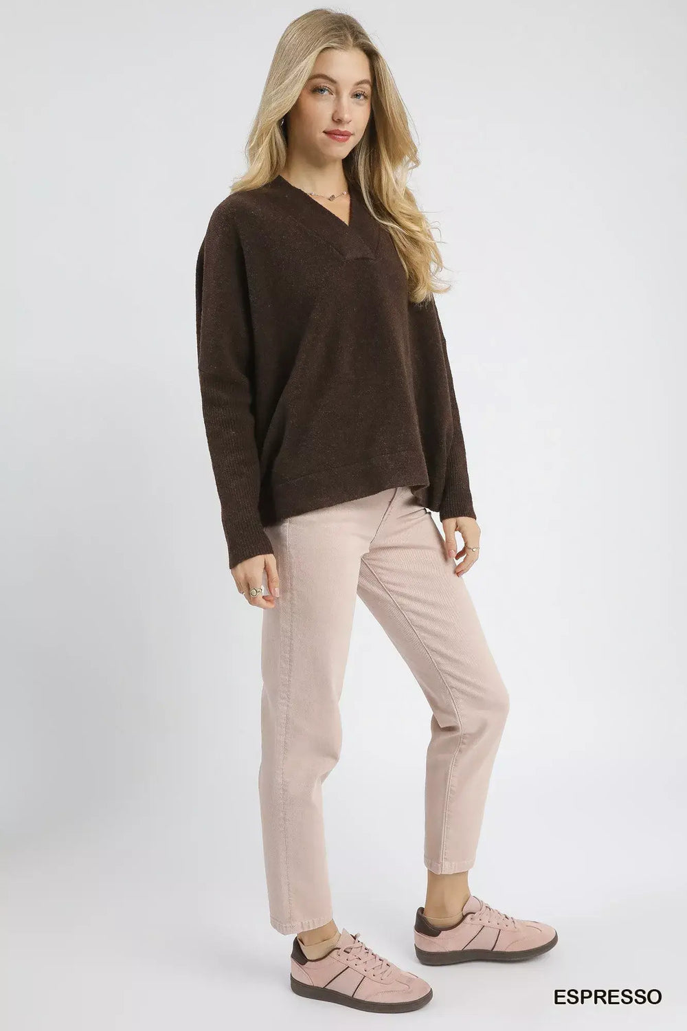 Umgee V-Neck Sweater with Wide Trim Detail