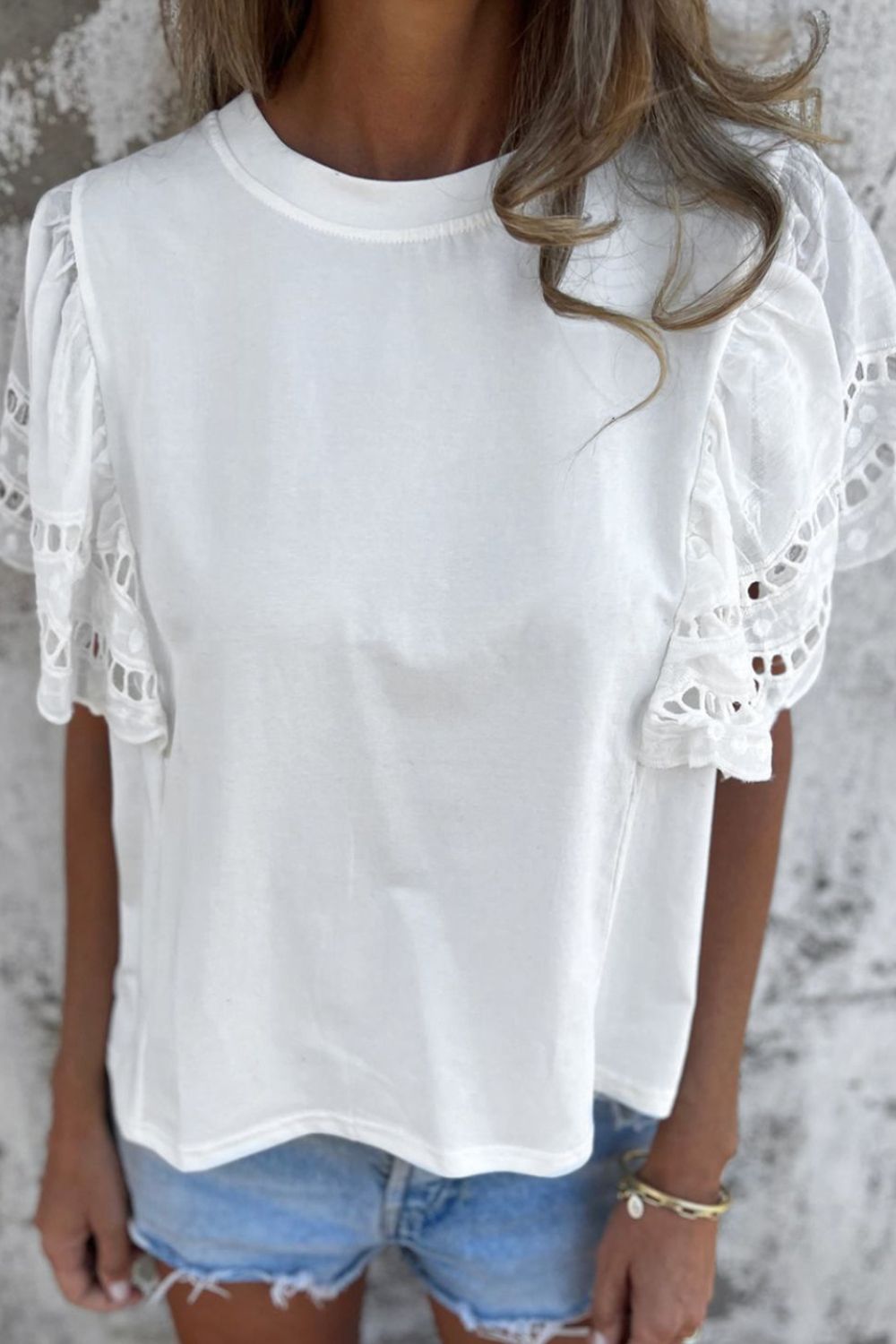 Hollow Out Embroidered Short Sleeve Round Neck Top - felvior