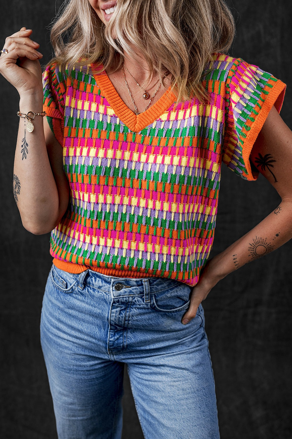 Contrast Striped V-Neck Knit Top - felvior