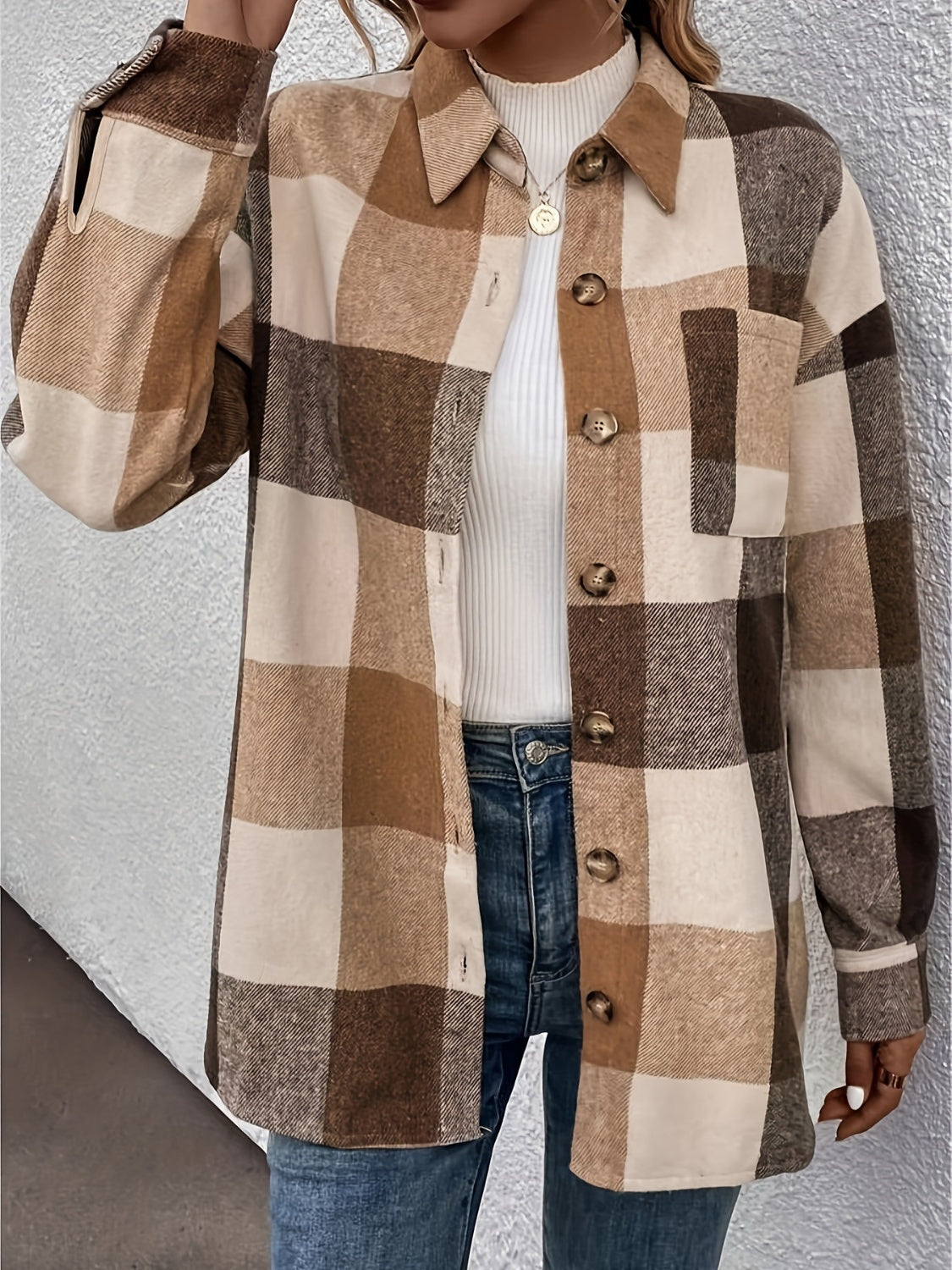 Curved Hem Plaid Collared Neck Shacket - felvior