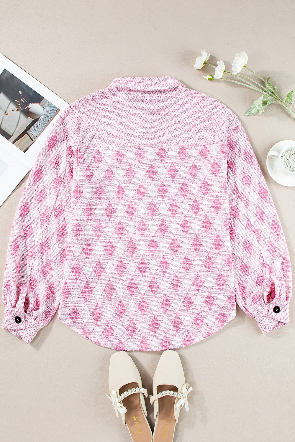 Geometric Print Textured Flap Pocket Shacket - felvior