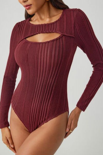Ribbed Cutout Round Neck Bodysuit - felvior