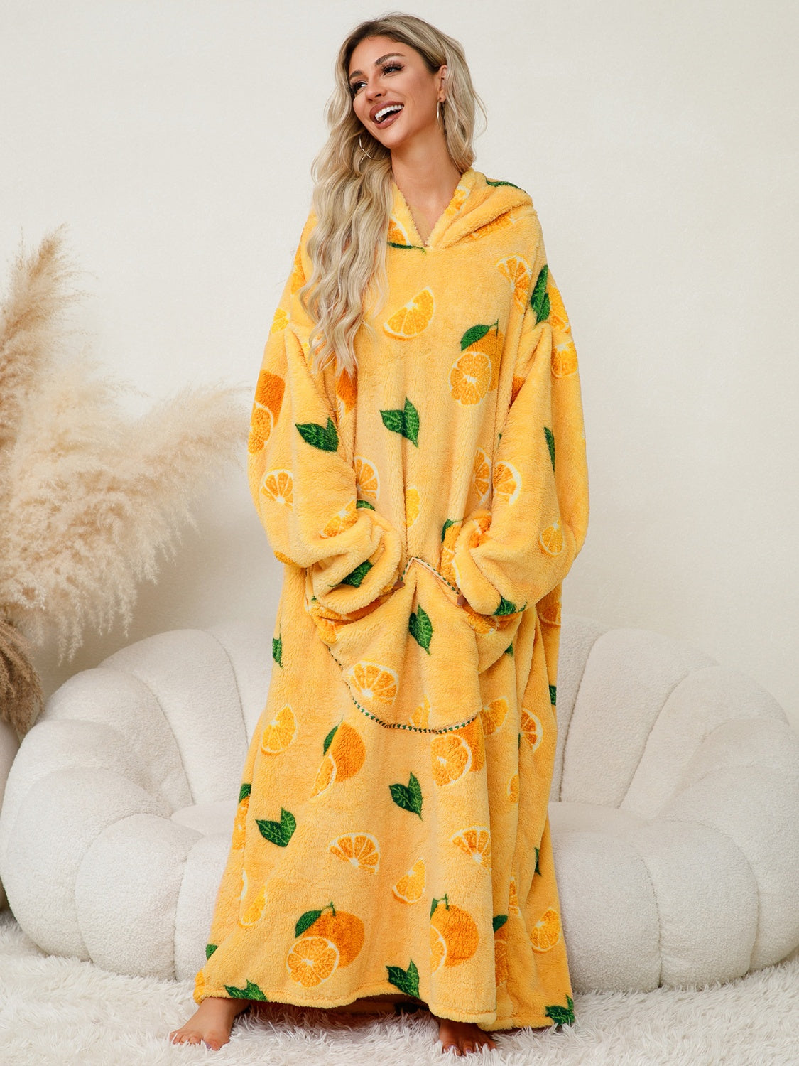 Fuzzy Pocketed Long Sleeve Hooded Lounge Dress - felvior