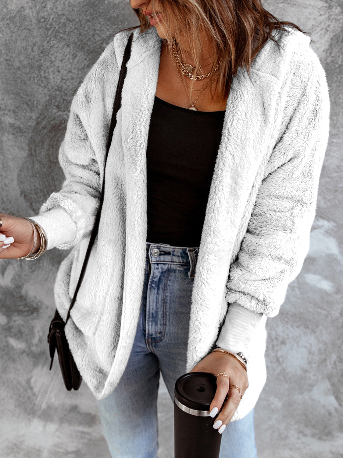 Open Front Hooded Faux Fur Outwear with Pockets - felvior