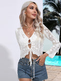 Openwork Drawstring V-Neck Long Sleeve Cover-Up - felvior
