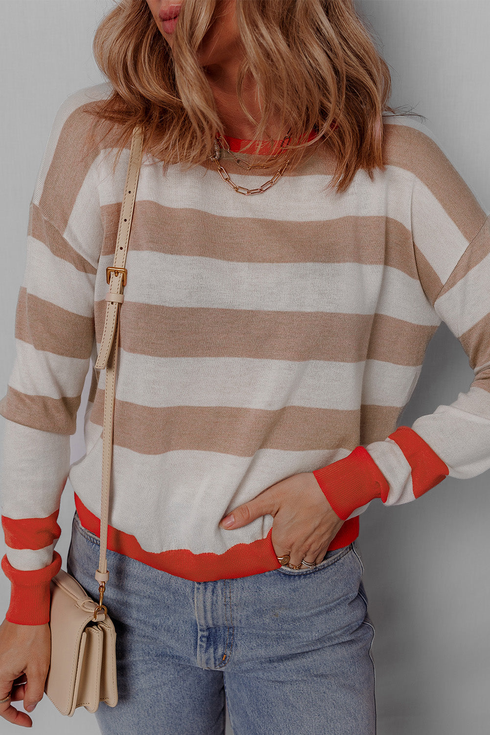 Contrast Striped Round Neck Drop Shoulder Knit Top - felvior