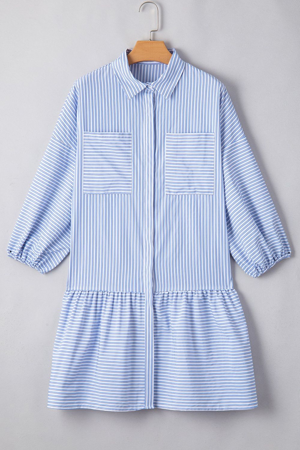Stripe Bubble Sleeve Chest Pockets Shirt Dress - felvior