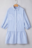Stripe Bubble Sleeve Chest Pockets Shirt Dress - felvior