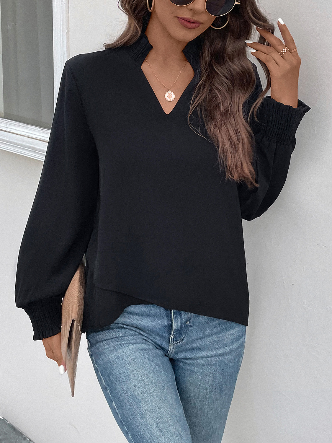 Perfee Smocked Notched Long Sleeve Blouse - felvior