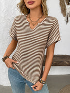 Striped Notched Short Sleeve T-Shirt
