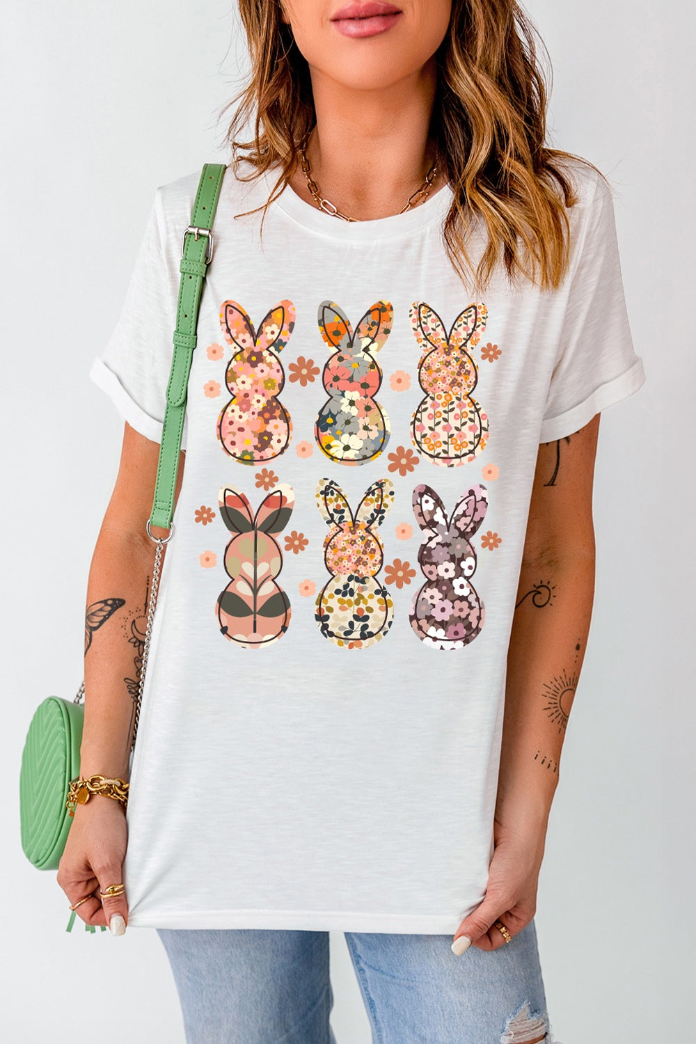 Floral Bunny Graphic Crewneck Short Sleeve T-Shirt