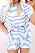 Stripe Knitted Short Sleeve Top and Drawstring Shorts Set