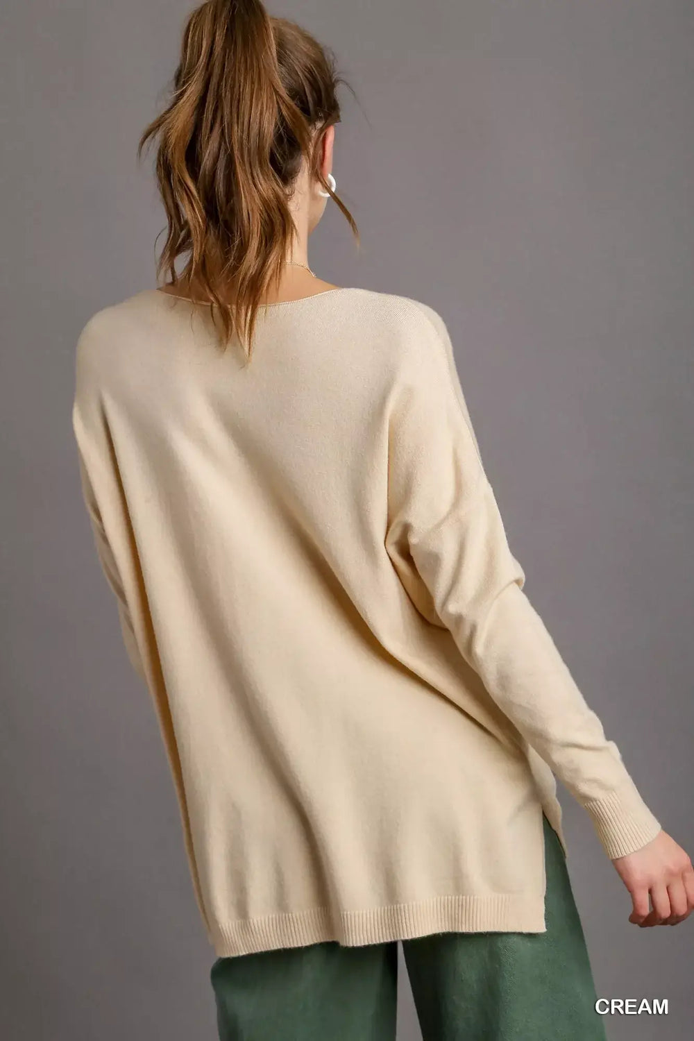 Umgee V-Neck High Low Hem Knit Top with Side Slit