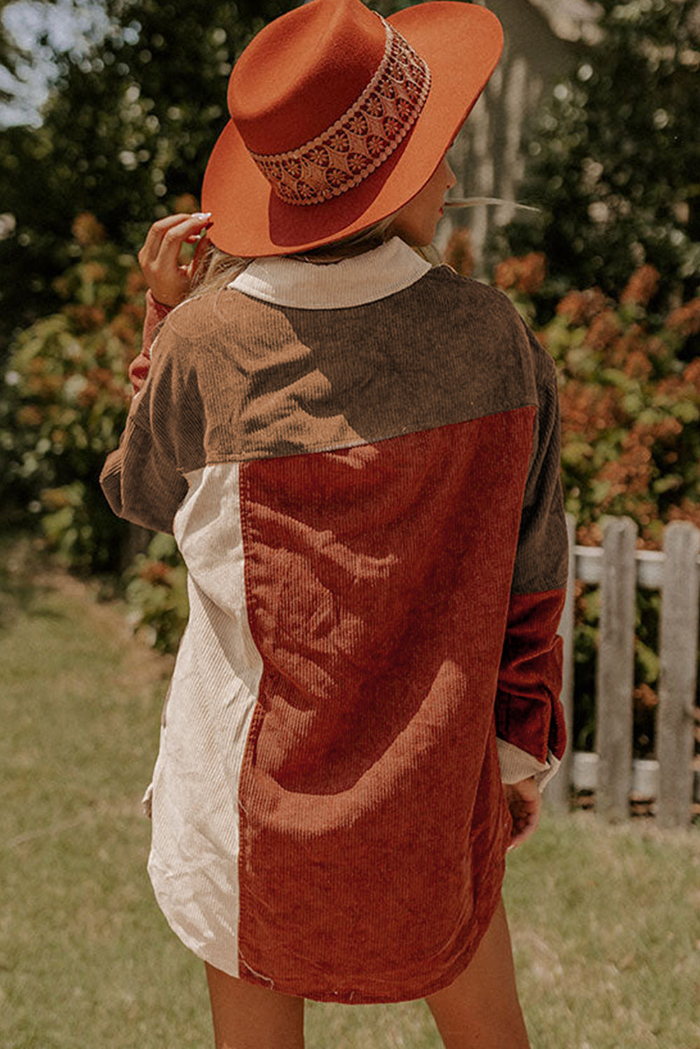 Color Block Curved Hem Corduroy Shacket with Pocket - felvior