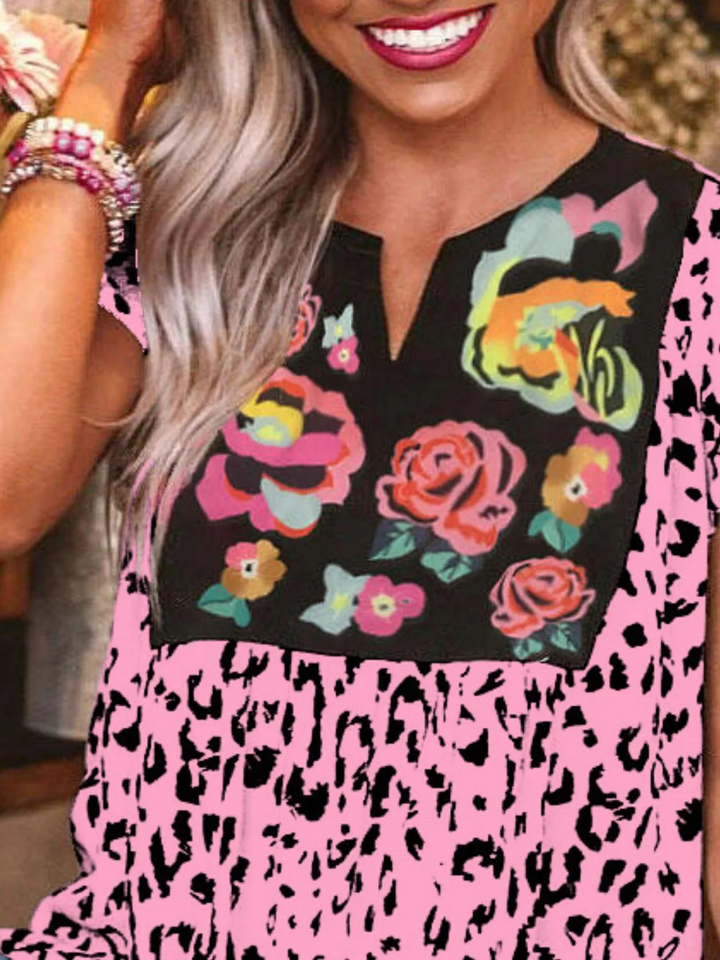 Full Size Leopard Floral Notched Cap Sleeve Blouse Plus Size