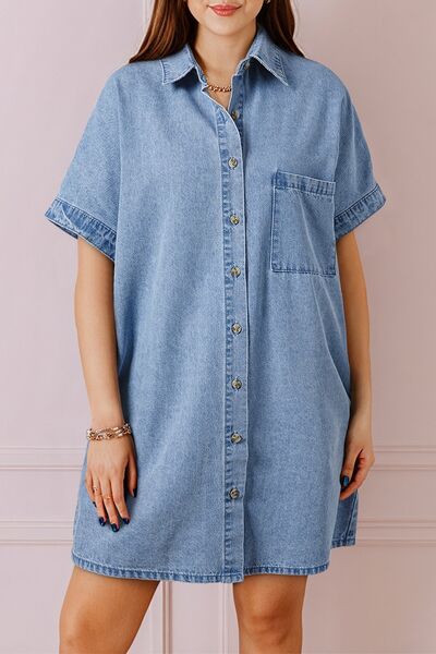 Button Down Short Sleeve Denim Dress - felvior