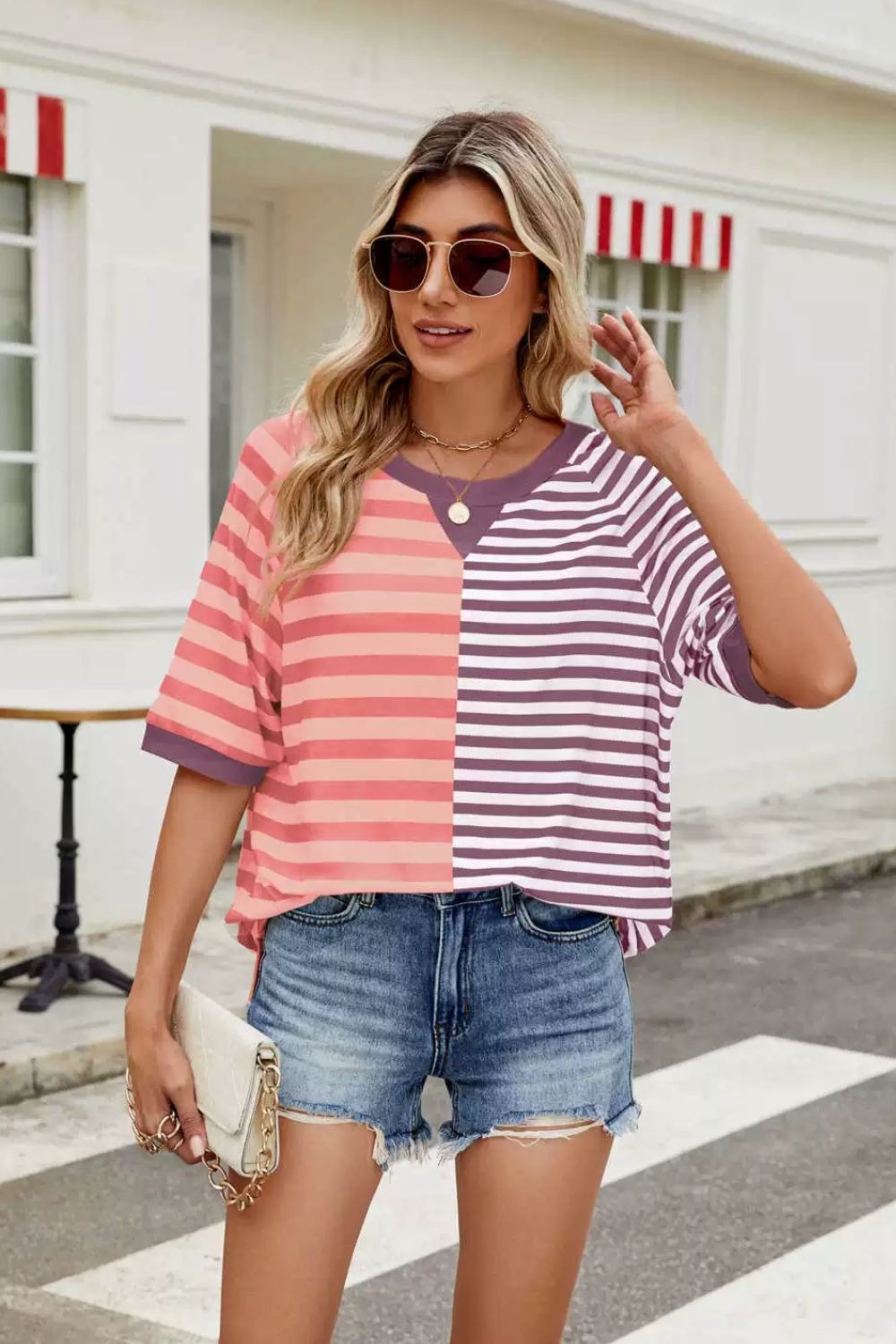 Striped Round Neck Half Sleeve T-Shirt - felvior