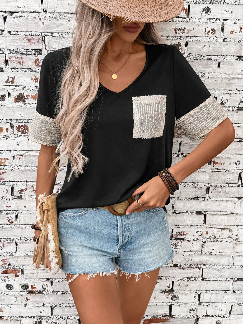 Sequin V-Neck Short Sleeve T-Shirt
